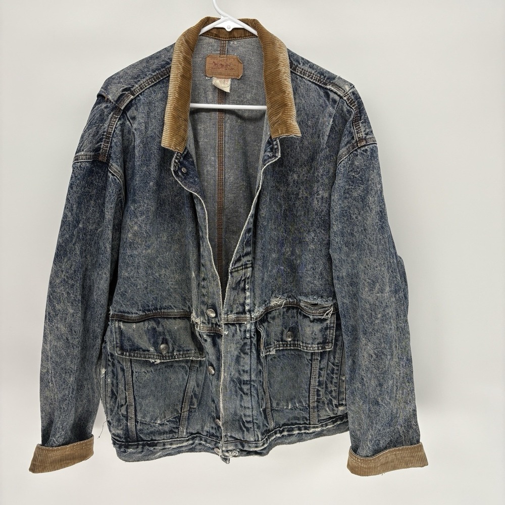 Vintage 80s Levis Denim Chore‎ Distressed A-2 Bomber Buckle Back Retro USA XL